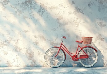 Obraz premium A charming red bicycle with basket set against a vintage textured wall, bathed in soft natural light for a nostalgic and peaceful scene