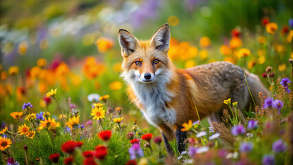 Fototapeta premium red fox exploring colorful meadow filled with vibrant flowers, showcasing its striking fur and curious expression. scene captures beauty of nature and wildlife