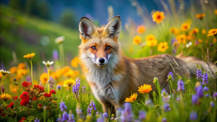 Fototapeta premium charming red fox stands gracefully in vibrant field filled with colorful wildflowers, showcasing its striking fur and curious expression. scene captures beauty of nature and playful spirit of