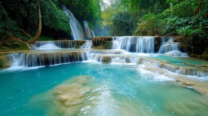 Fototapeta premium Mesmerizing Turquoise Waterfall Cascading Through Lush Tropical Forest