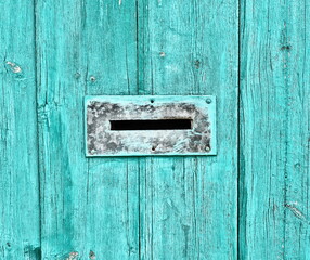 Mail Slot Vintage Closeup Turquoise Weathered Wood Retro Texture
