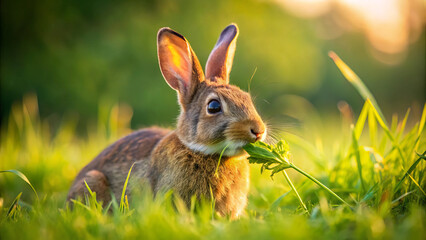 Fototapeta premium brown rabbit nibbling on green grass in sunny field, surrounded by vibrant greenery, exudes sense of tranquility and joy. soft sunlight enhances serene atmosphere