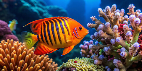 Vibrant flame angelfish swimming gracefully among colorful coral reefs, showcasing its striking orange and black stripes. underwater scene is lively and full of marine beauty