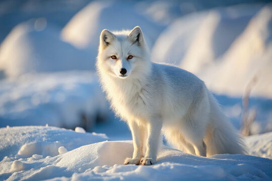 majestic arctic fox stands gracefully on snowy landscape, showcasing its pristine white winter coat. serene environment highlights foxs beauty and adaptability