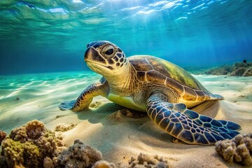Fototapeta premium Green sea turtle resting on sandy reef, reflected in water