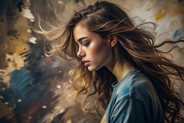 Portrait of a beautiful, young girl with a thoughtful look. The hair develops and creates a feeling of lightness and naturalness.