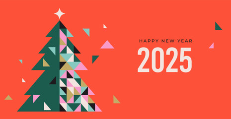 Happy New Year 2025, New Year background, banner, poster design. Modern minimalist geometric illustration, concept design with Christmas decorations, confetti, Xmas tree and ornaments