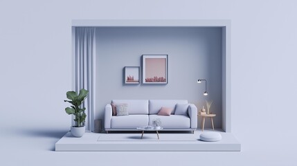 A minimalist living room scene with a white background. 
