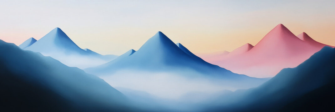Blue and pink mountains in the distance, with clouds and fog rolling in the valleys.