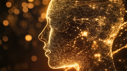 A network of nodes and lines forming the shape of a human head, symbolizing AI’s deep learning process.