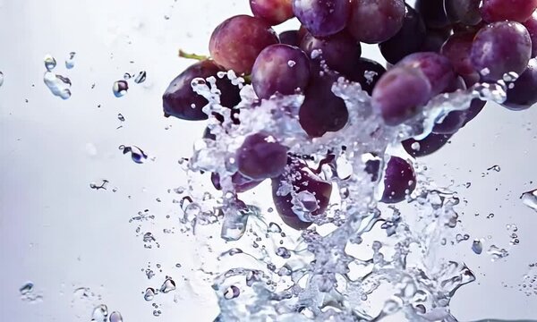 A cluster of purple grapes suspended against a light background, showcasing freshness and vitality.