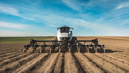 Obraz premium Advanced AI Machinery Planting Crops in Expansive Open Field