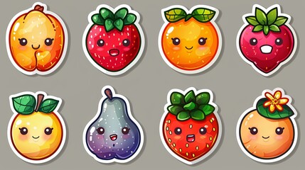 Set of sticker comic character fruit and phrase. Groovy strawberry flower peach in 60s 70s. Retro labels with trendy food