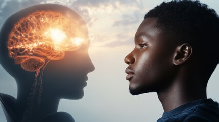 Man Looking at Glowing Brain   Mind Power  Intelligence  Thought  Concept  Idea