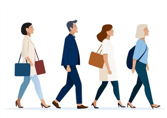 Fototapeta premium A diverse group of individuals walking together, showcasing modern fashion and professional bags in a stylish urban setting.