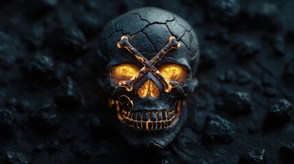 A detailed, glowing skull design nestled in dark rocky textures, ideal for themes of danger, mystery, and the macabre.