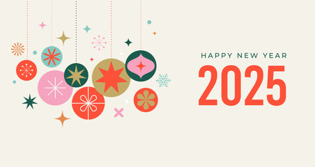 Happy New Year 2025, New Year background, banner, poster design. Modern minimalist geometric illustration, concept design with Christmas decorations, confetti and ornaments