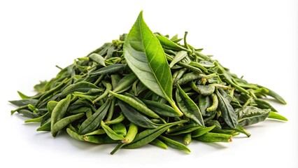 Fototapeta premium Green tea leaves isolated on white background from a low angle
