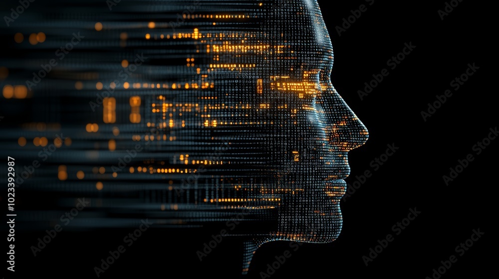 Fototapete digital human head with binary code and glowing lights