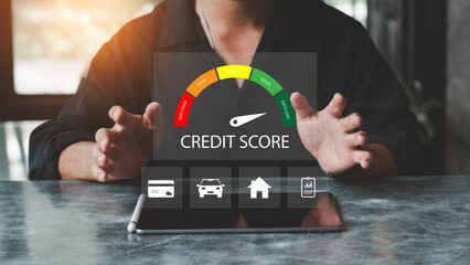 Businessman evaluate customer statistical data with credit score icon. Credit score concept. ...