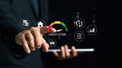 Businessman evaluate customer statistical data with credit score icon. Credit score concept. ...