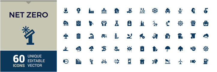 Net zero solid icons set. ecology, sustainable, environmental and more, app, template, ui and wed, Minimal fill symbol, Editable and pixel perfect, Vector illustration.