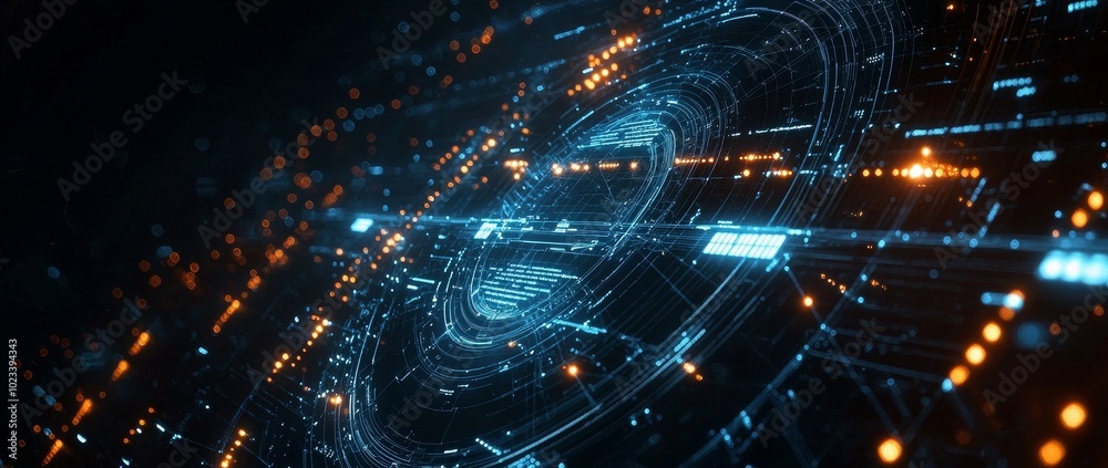 Poster a futuristic 3d illustration of digital technology with polygonal shapes on a dark blue background. 