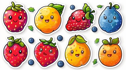 Set of sticker comic character fruit and phrase. Groovy strawberry flower peach in 60s 70s. Retro labels with trendy food