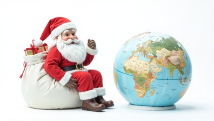 Fototapeta premium Santa is walking around the planet. The idea of the New Year across the earth, the idea of the fragility of the world and the beauty of planet Earth