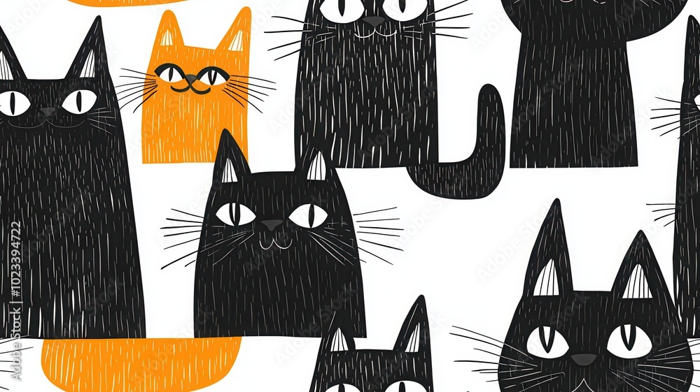 Wall mural a colorful pattern featuring playful, stylized cats in various poses, primarily in black and orange 