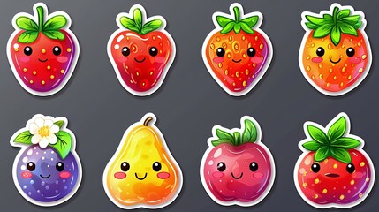 Set of sticker comic character fruit and phrase. Groovy strawberry flower peach in 60s 70s. Retro labels with trendy food