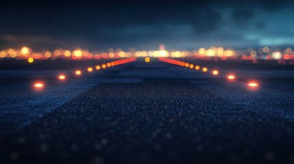 A dimly lit runway with illuminated edge lights, indicating an airport environment at night.