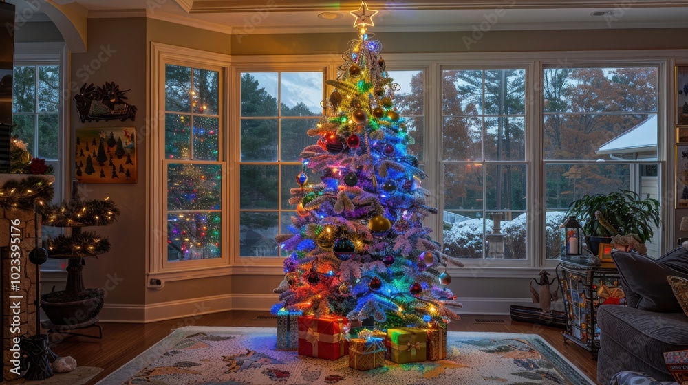 Canvas Prints Festive Christmas Tree with Colorful Lights and Gifts