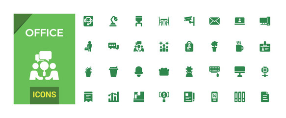 Office solid icons set. Related to briefcase, desk, computer, meeting. Glyph icon collection for web and ui. Filled icon set, Editable and Vector illustration.