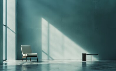 Peaceful minimalist room with sunlight casting geometric shadows on the wall, featuring a single chair and a small table, creating a serene and spacious atmosphere.