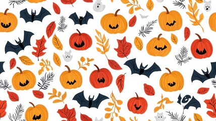A festive Halloween-themed pattern featuring pumpkins, bats, and autumn leaves in vibrant orange, black, and yellow against a white background.