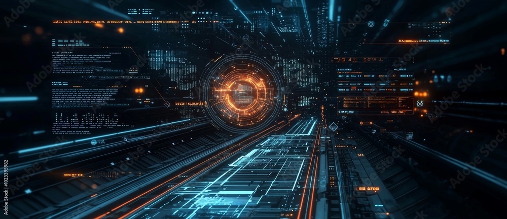 Poster Motion blur on a technology screen with an abstract high-speed POV