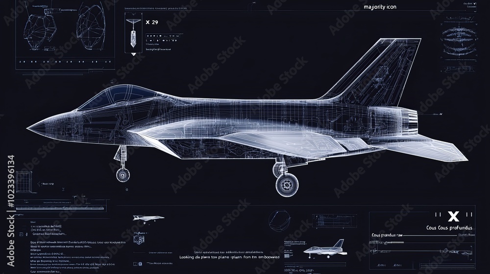 Poster A futuristic HUD with a military plane scheme, code, and navigation system on a screen.