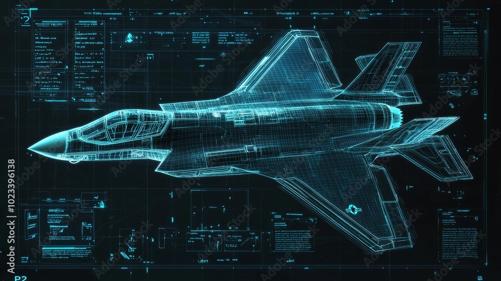 Poster Hitech illustration of futuristic HUD elements on a computer display with code of a military plane and navigation system.