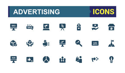 Advertising solid Icons set. Filled and outline Flat icon collection, Add, promotion, Marketing and more. Editable and pixel perfect symbol pack. Vector Illustration.