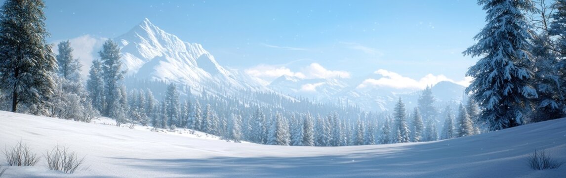 A serene winter landscape featuring snow-covered trees and mountains under a clear blue sky