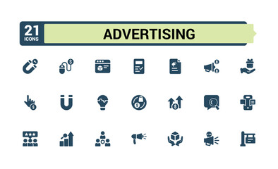 Advertising solid Icons set. Filled and outline Flat icon collection, Add, promotion, Marketing and more. Editable and pixel perfect symbol pack. Vector Illustration.