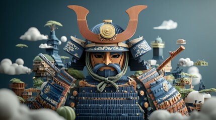 Detailed paper cut Samurai armor with intricate traditional patterns and textures, paper cut samurai, traditional Japanese art