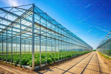 Obraz premium Greenhouse of melon farm with leading lines against blue sky