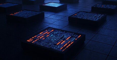 User interface with digital code and data infographic, telemetry information graphic of futuristic hi-tech user interface. 3D render of futuristic hi-tech user interface.