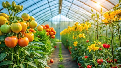Greenhouse with tomato plants and yellow Alstroemeria flowers in a garden