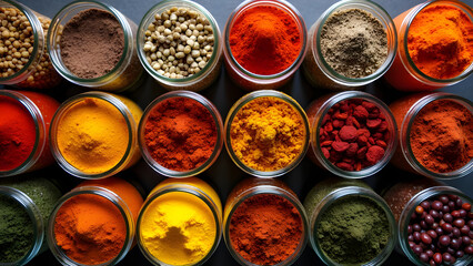 Colorful Spices in Glass Jars.