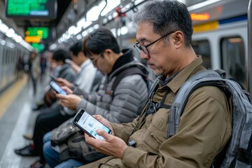 Fototapeta premium Japanese commuters on a subway, all texting or browsing on smartphones, stock photo style