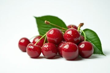 Obraz premium Fresh Red Cherries with Green Leaves on White Background