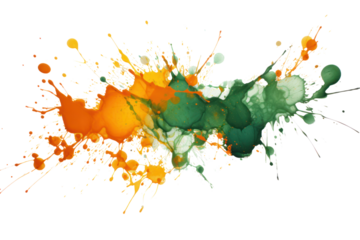 Dark green and orange ink splatters spreading and overlapping, with their vivid colors contrasting against a white backdrop